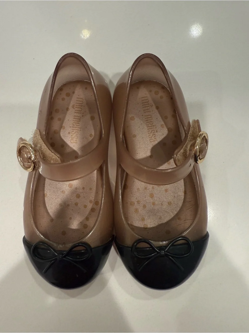 Mini Melissa Girls' Mary Jane Shoes in Taupe with Black Toe Caps